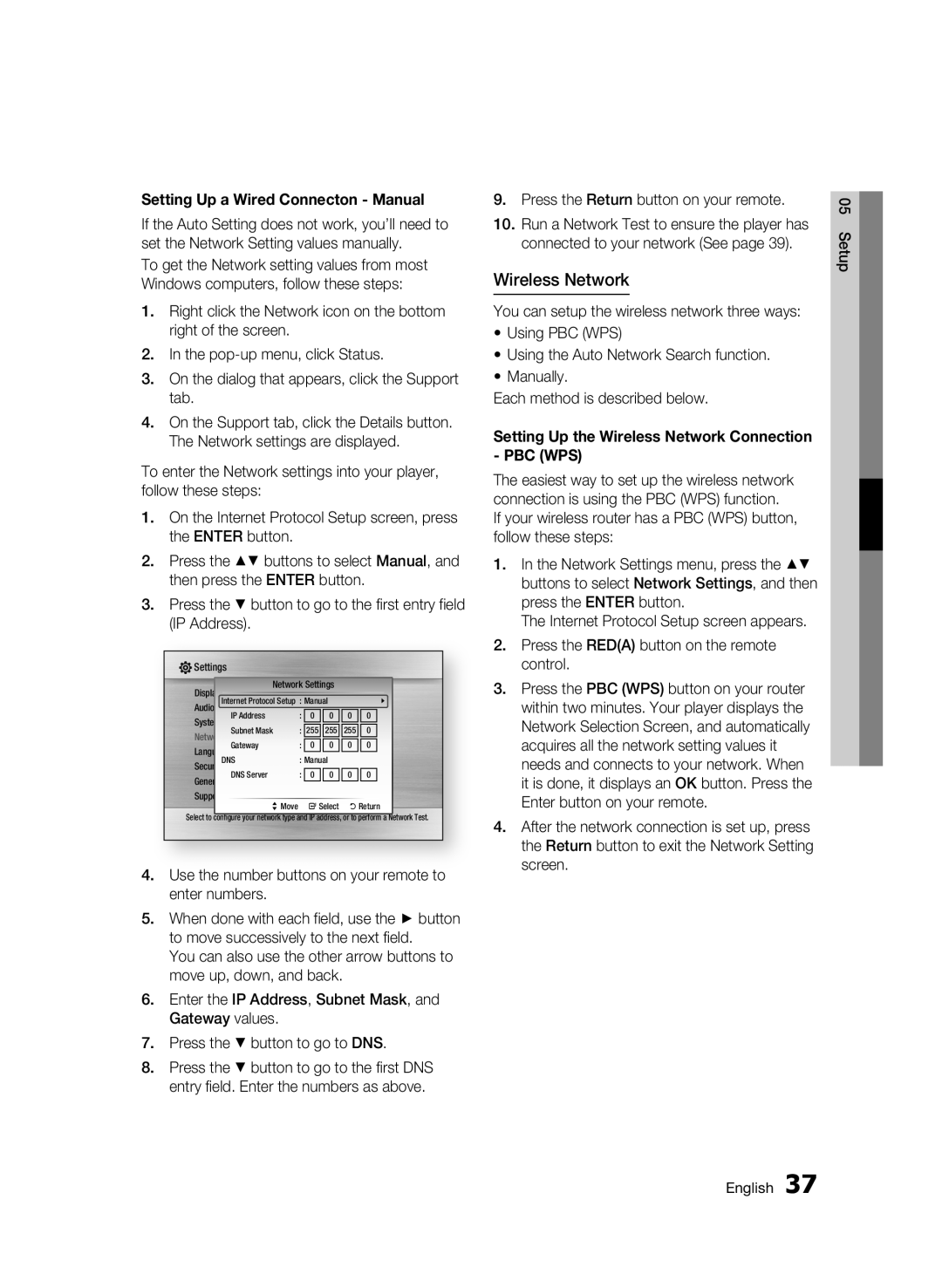 Samsung BD-C5500, WIS09ABGN Wireless Network, Setting Up a Wired Connecton Manual, Press the Return button on your remote 