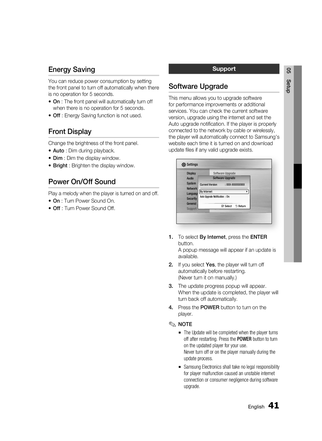 Samsung WIS09ABGN, BD-C5500T/XAC user manual Energy Saving, Front Display, Power On/Off Sound, Software Upgrade, Support 