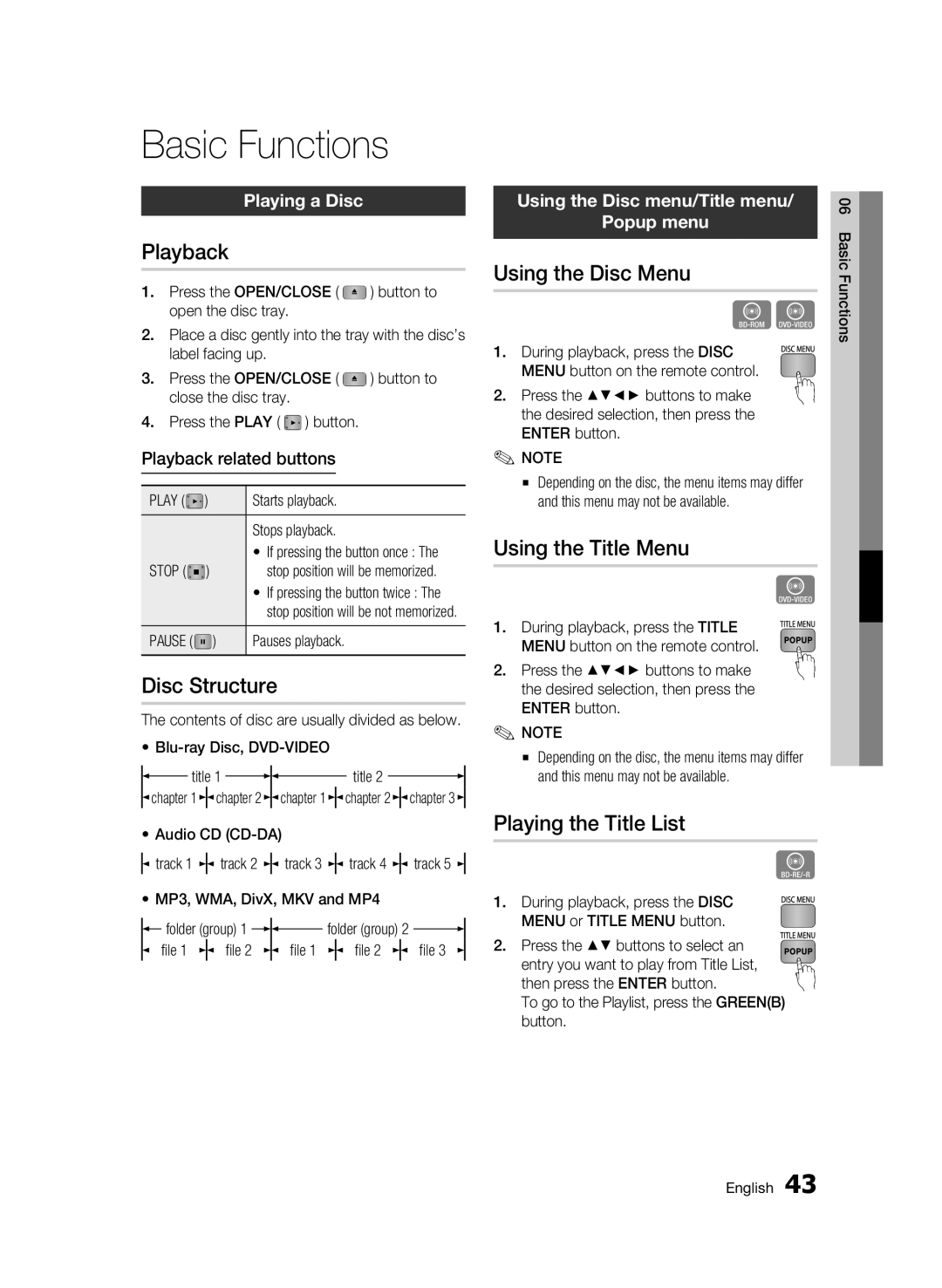 Samsung WIS09ABGN, BD-C5500T/XAC user manual Basic Functions 