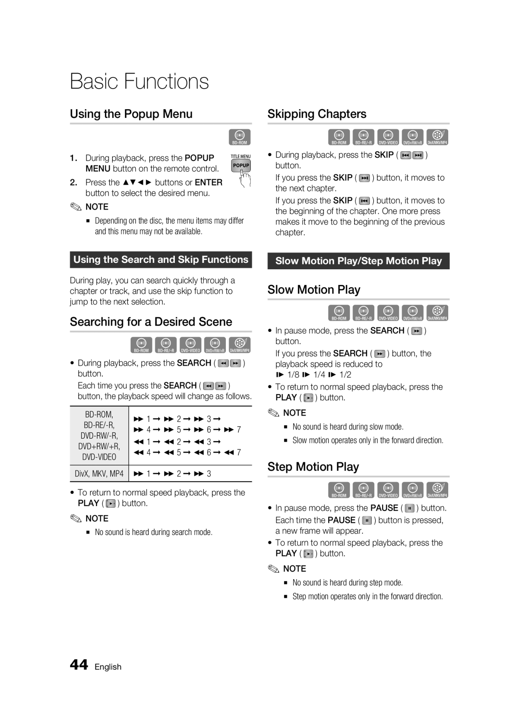 Samsung WIS09ABGN, BD-C5500 Using the Popup Menu, Searching for a Desired Scene, Skipping Chapters, Slow Motion Play 