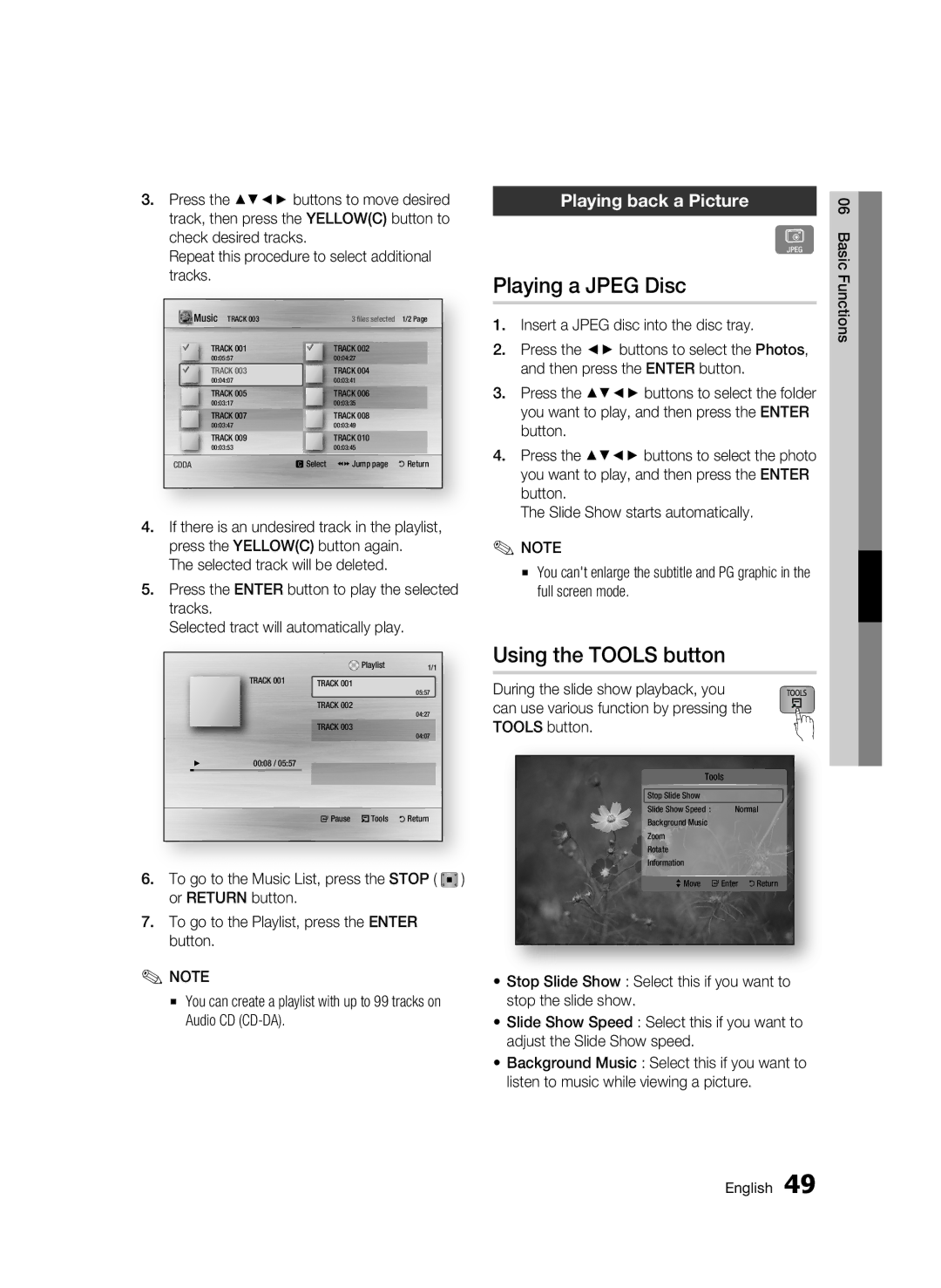 Samsung WIS09ABGN, BD-C5500T/XAC user manual Playing a Jpeg Disc, Using the Tools button, Playing back a Picture 