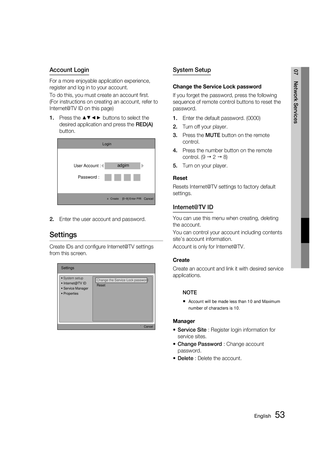 Samsung WIS09ABGN, BD-C5500T/XAC user manual Settings, Account Login, System Setup, Internet@TV ID 