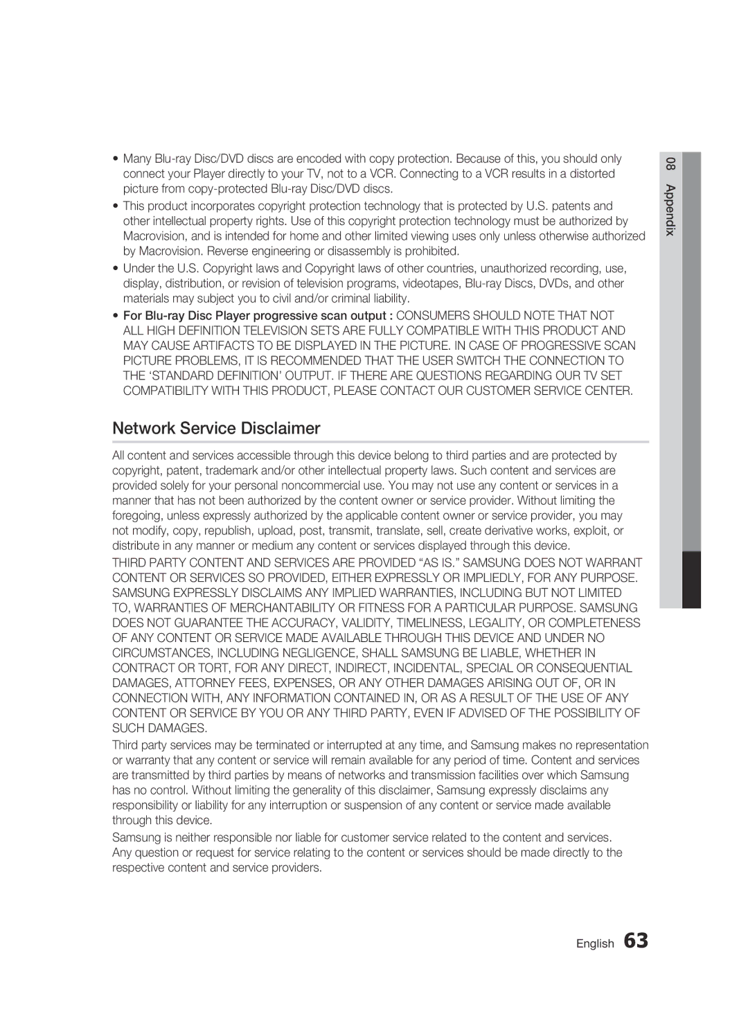 Samsung WIS09ABGN, BD-C5500T/XAC user manual Network Service Disclaimer 