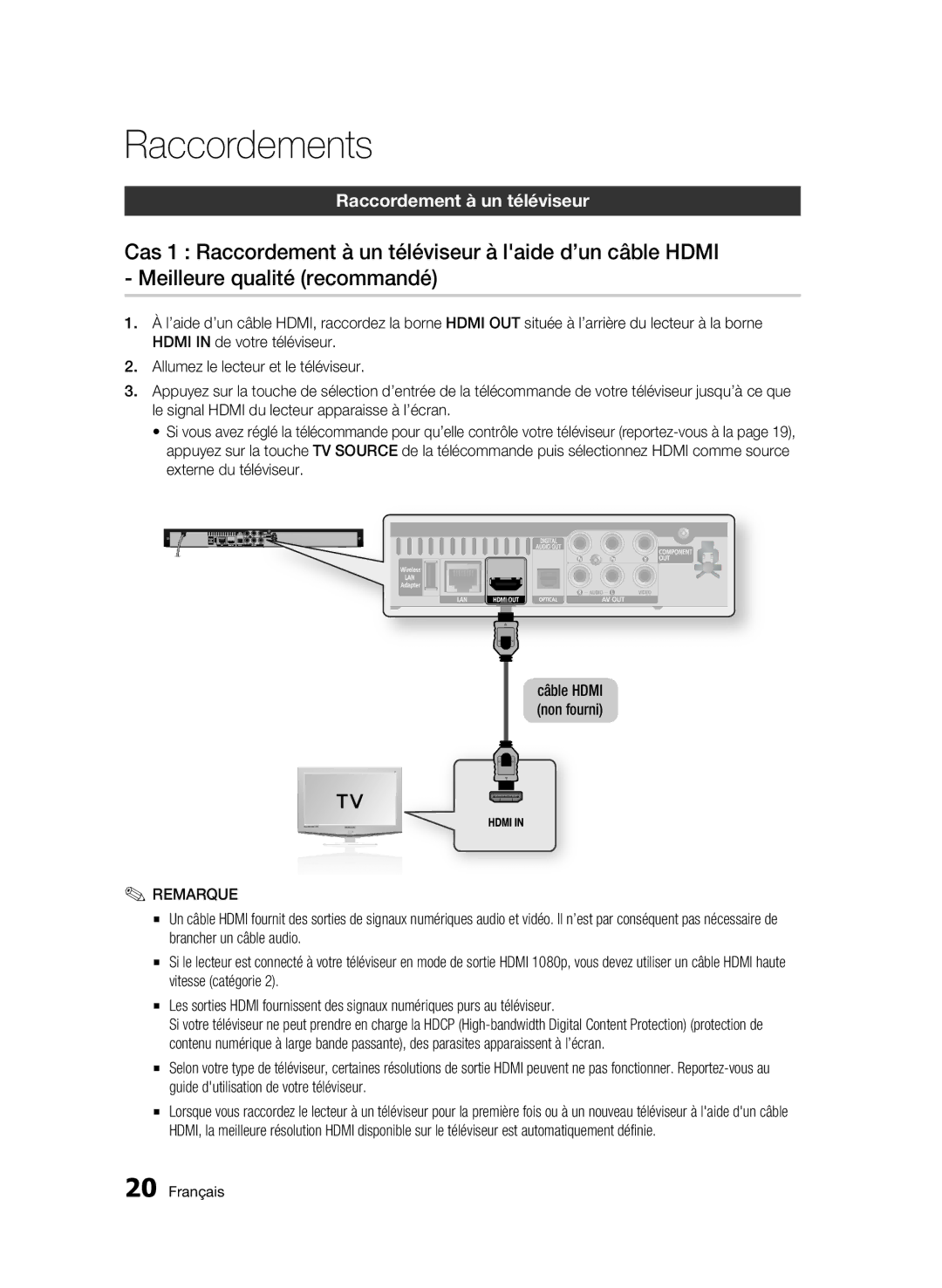 Samsung WIS09ABGN, BD-C5500T/XAC user manual Raccordements, Raccordement à un téléviseur 