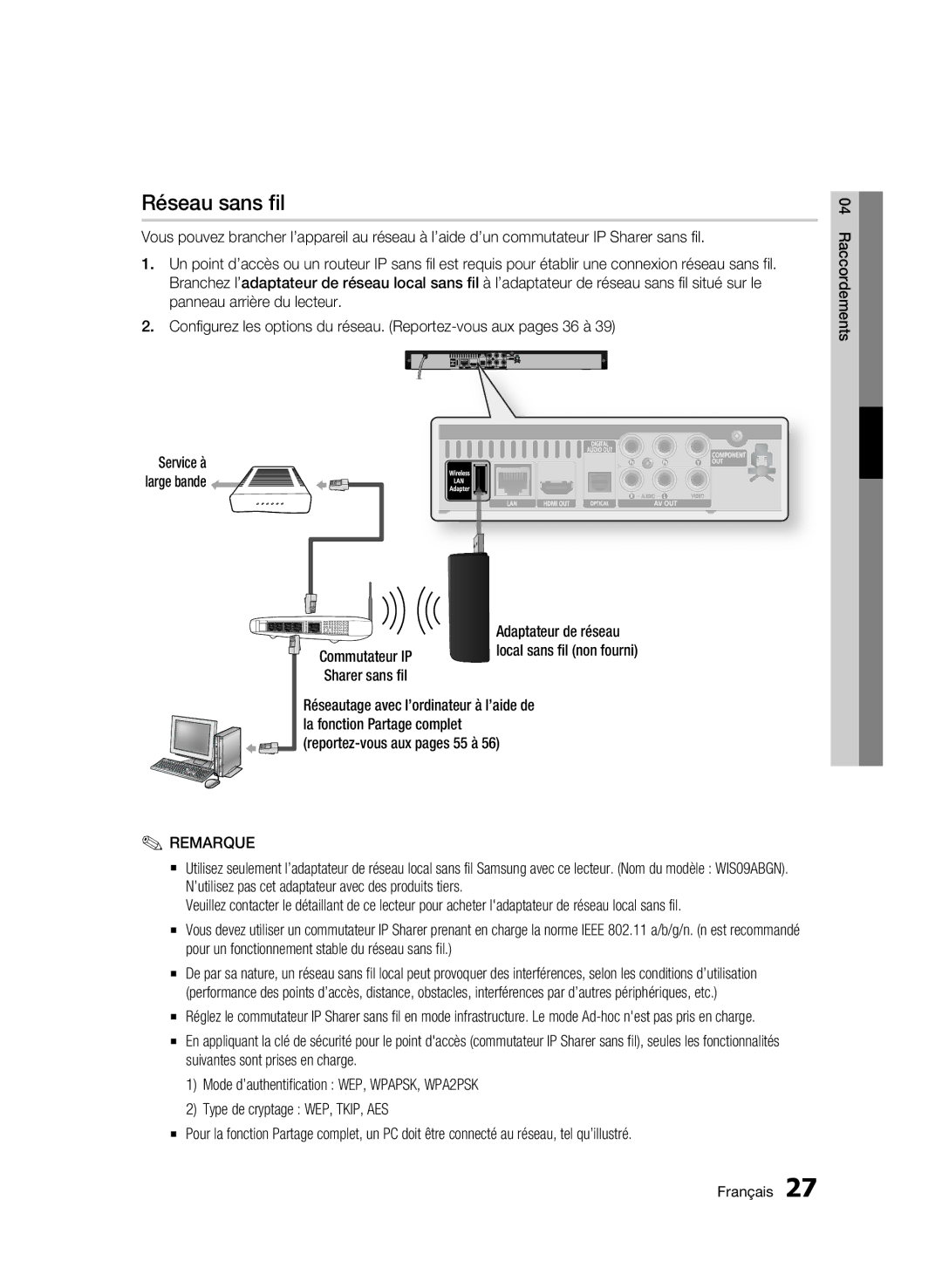 Samsung BD-C5500T/XAC, WIS09ABGN user manual Réseau sans fil, Service à large bande 