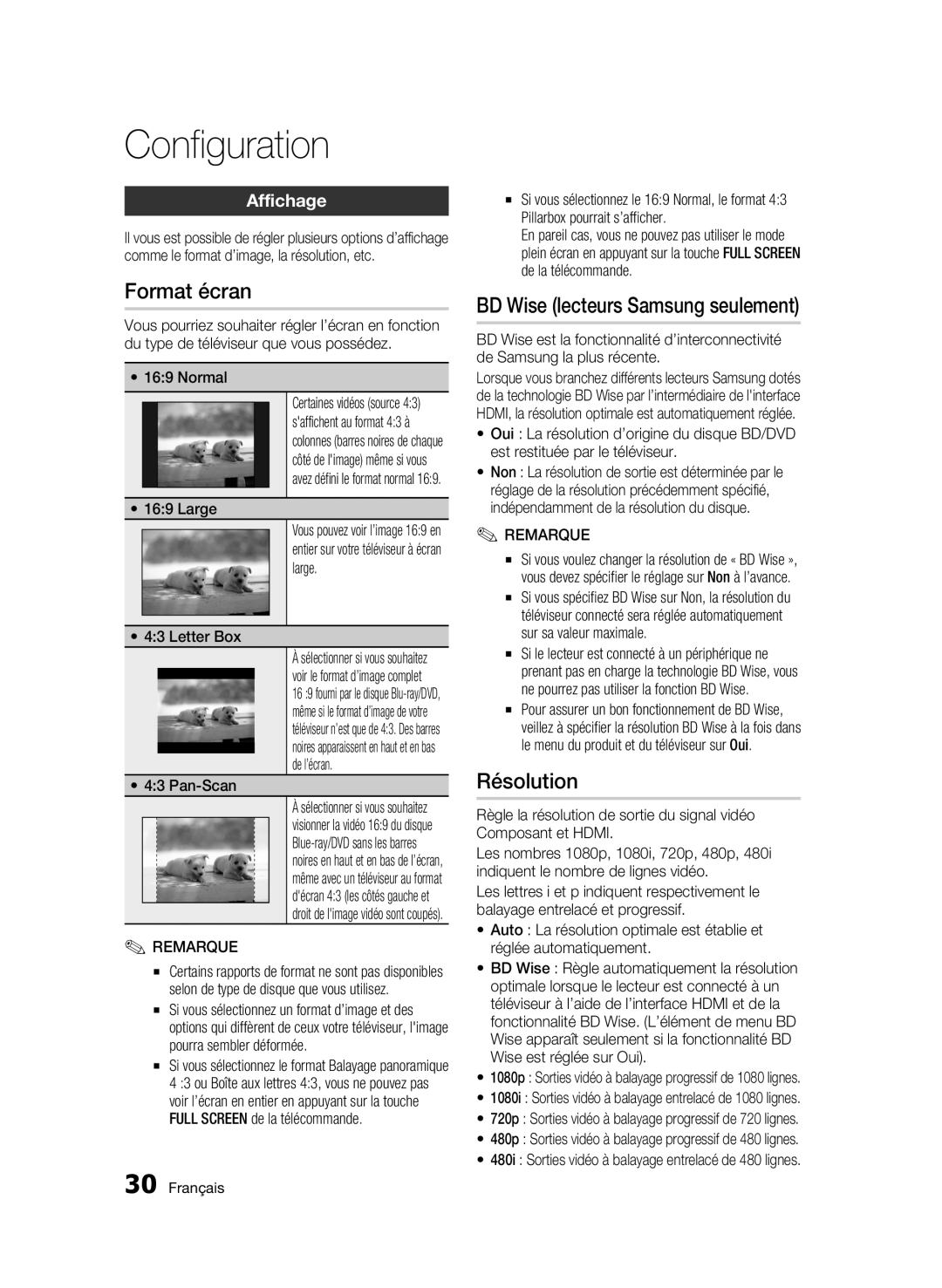 Samsung WIS09ABGN, BD-C5500T/XAC user manual Format écran, BD Wise lecteurs Samsung seulement, Résolution, Affichage 