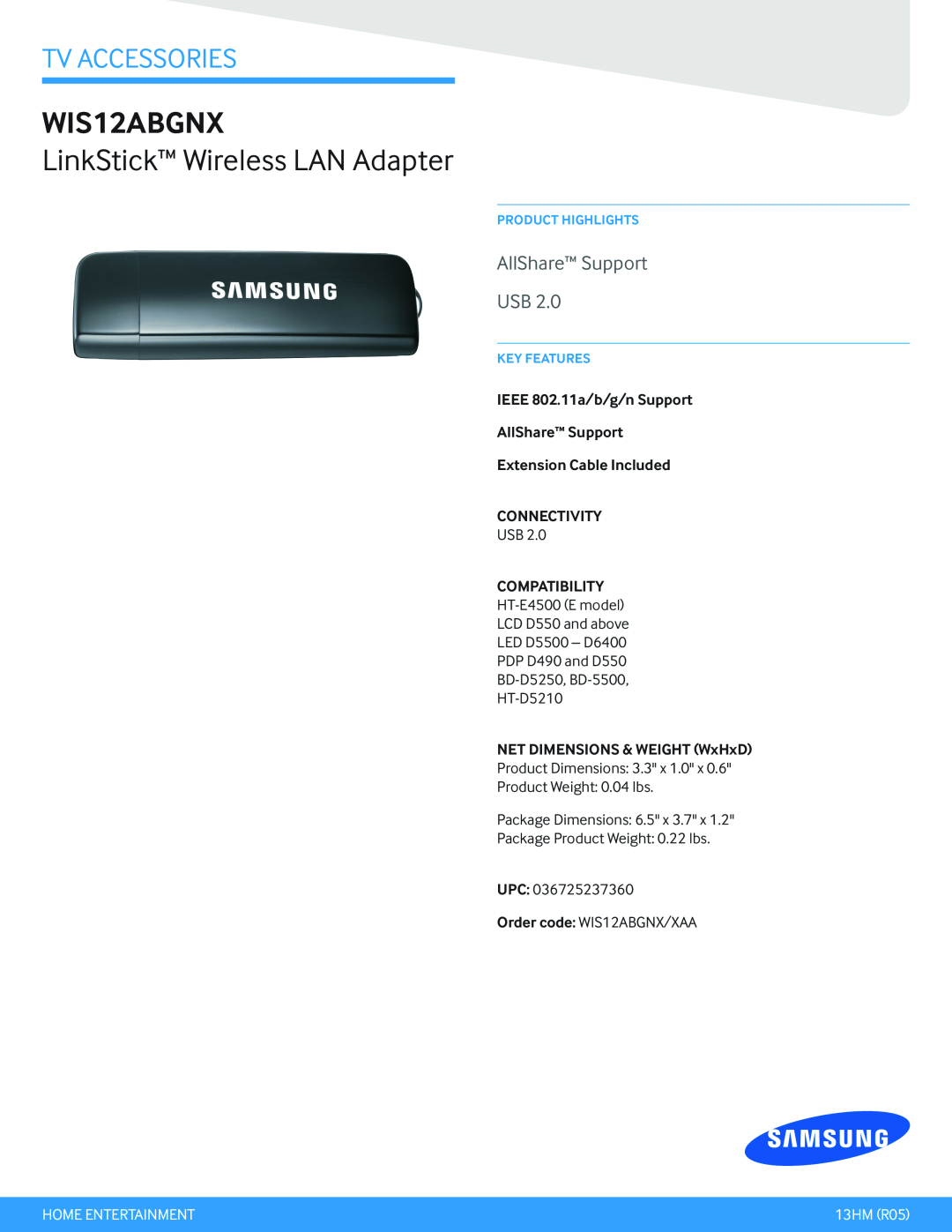 Samsung WIS12ABGNX dimensions LinkStick Wireless LAN Adapter, Tv Accessories, AllShare Support USB, Connectivity, 13HM R05 
