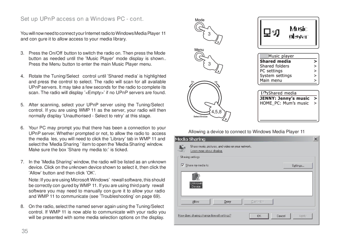 Samsung WM-202 manual Allowing a device to connect to Windows Media Player 