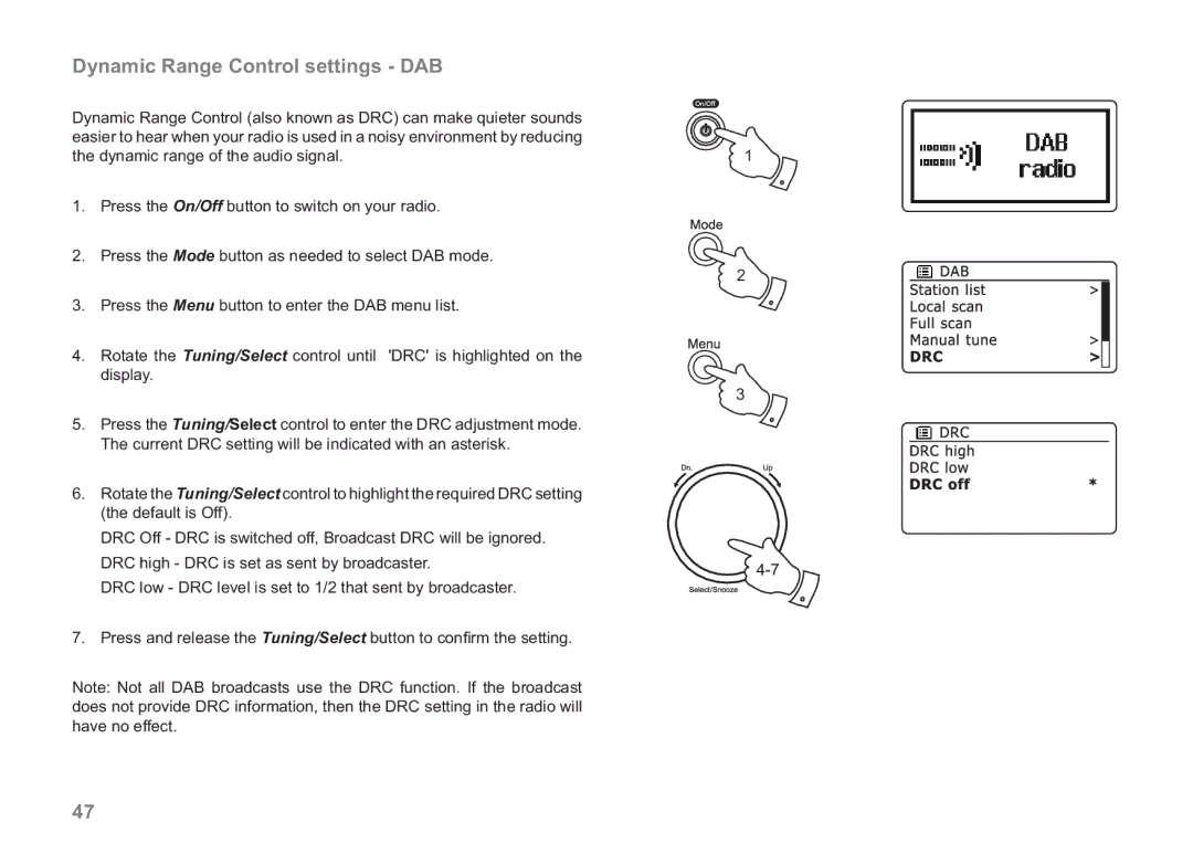 Samsung WM-202 manual Dynamic Range Control settings DAB 