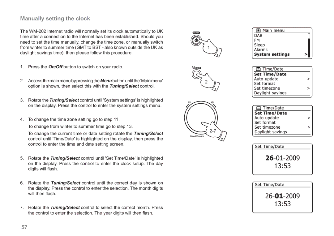 Samsung WM-202 manual Manually setting the clock 