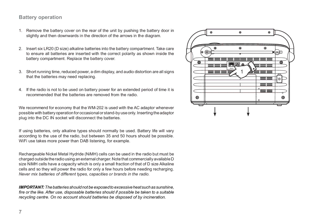 Samsung WM-202 manual Battery operation 