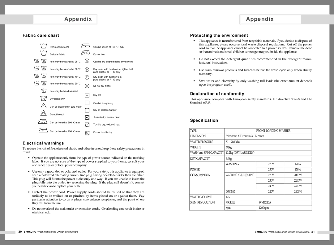 Samsung WM1245AFS/YL, WM1245AES/XSG, WM1245AES/YFH, WM1245AGS/YOL manual Appendix 