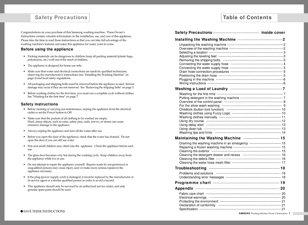 Samsung WM1245AES/YFH, WM1245AFS/YL, WM1245AES/XSG, WM1245AGS/YOL manual Safety Precautions, Table of Contents 