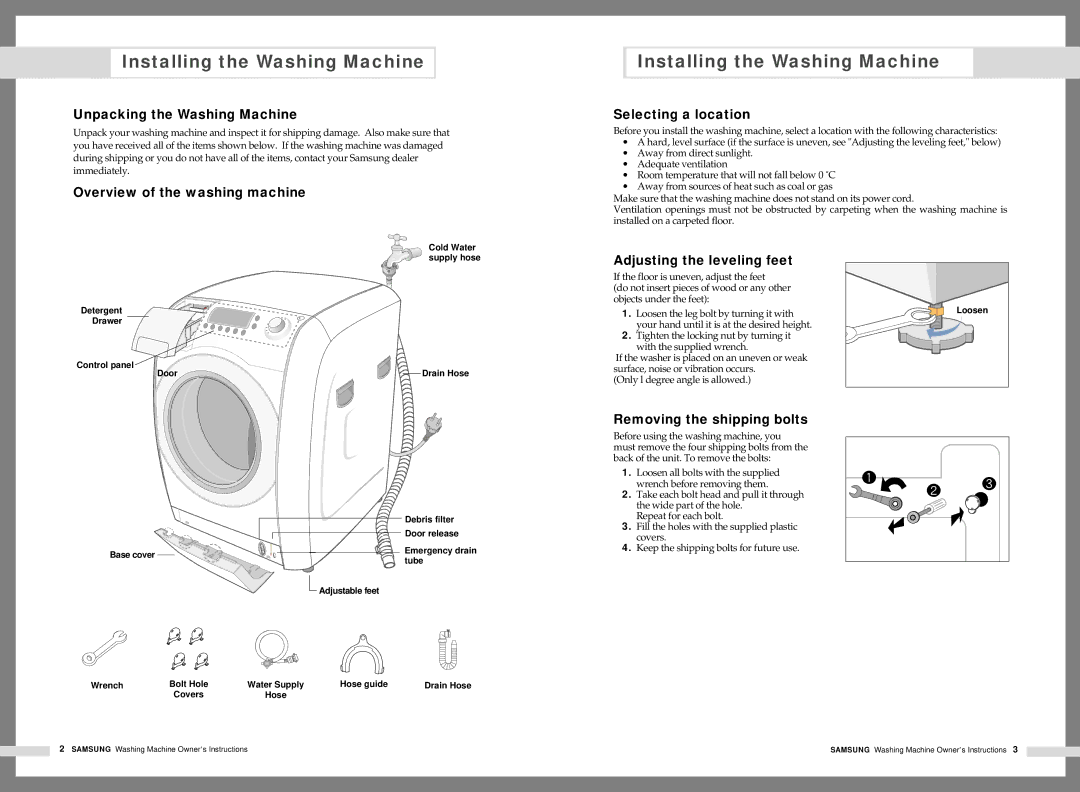 Samsung WM1245AGS/YOL, WM1245AFS/YL, WM1245AES/XSG, WM1245AES/YFH manual Installing the Washing Machine 