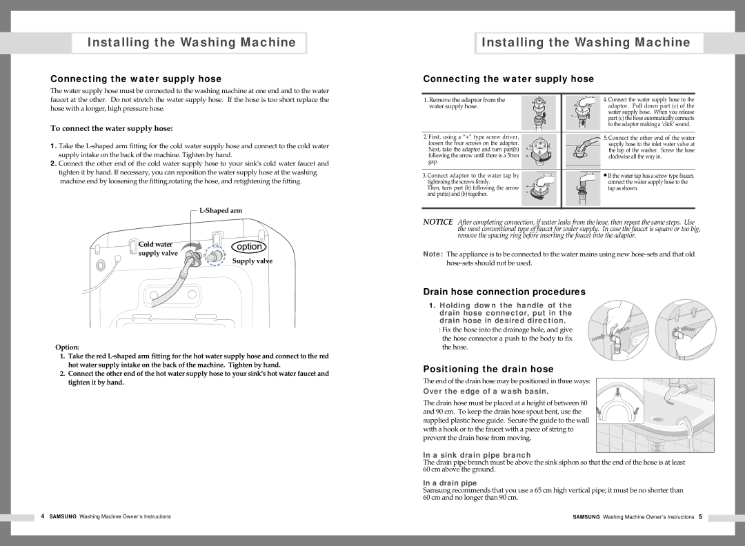 Samsung WM1245AFS/YL manual Connecting the water supply hose, Drain hose connection procedures, Positioning the drain hose 