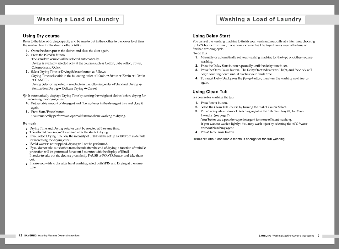 Samsung WM1245AFS/YL, WM1245AES/XSG, WM1245AES/YFH manual Using Dry course, Using Delay Start, Using Clean Tub, Remark 