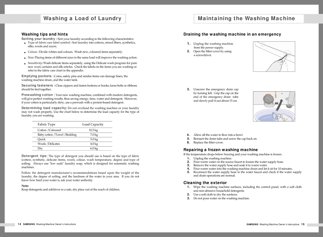 Samsung WM1245AES/XSG manual Maintaining the Washing Machine, Washing tips and hints, Repairing a frozen washing machine 