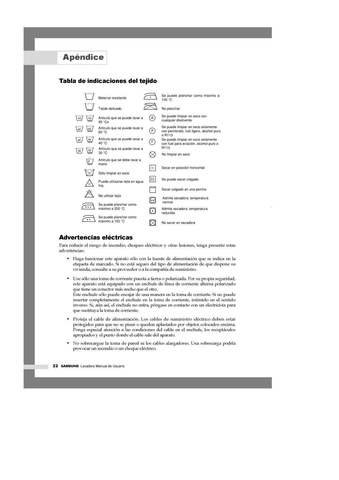Samsung WM1245AGS/YGG, WM1245ADS/XAX manual Apéndice, Tabla de indicaciones del tejido, Advertencias eléctricas 