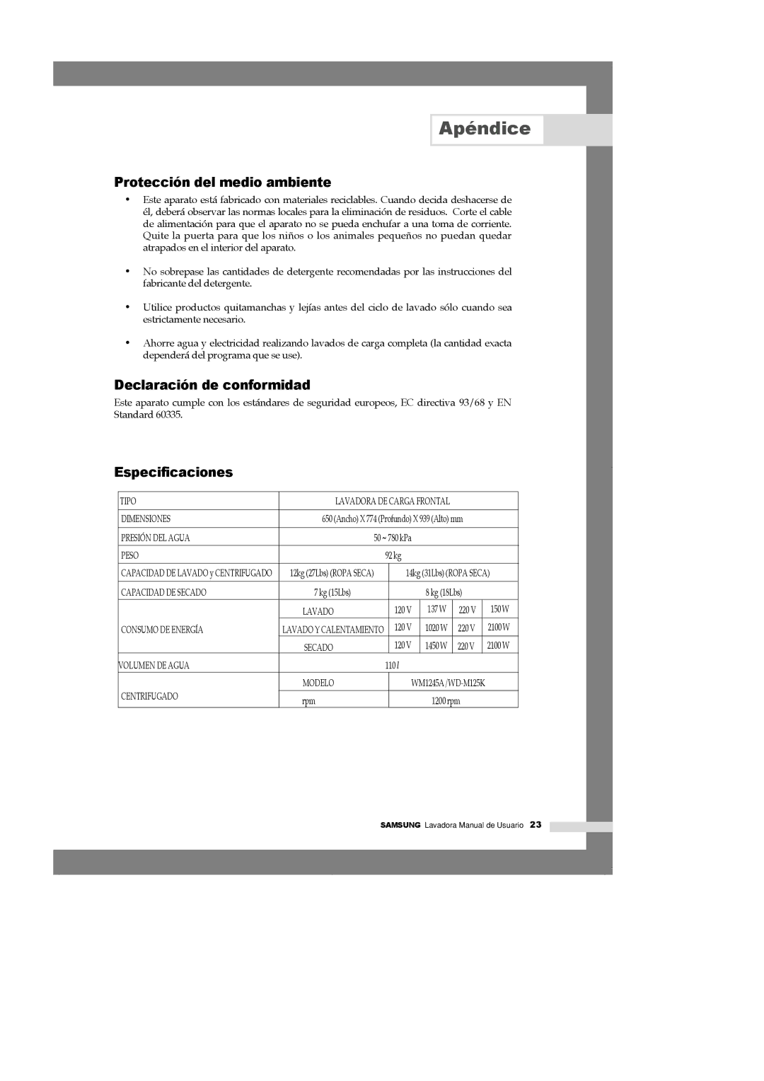 Samsung WM1245ADS/XAX, WM1245AGS/YGG manual Protección del medio ambiente, Declaración de conformidad, Especificaciones 