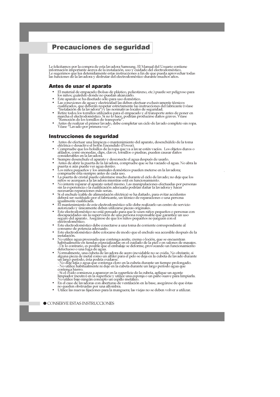 Samsung WM1245AGS/YGG, WM1245ADS/XAX manual Precauciones de seguridad, Antes de usar el aparato, Instrucciones de seguridad 