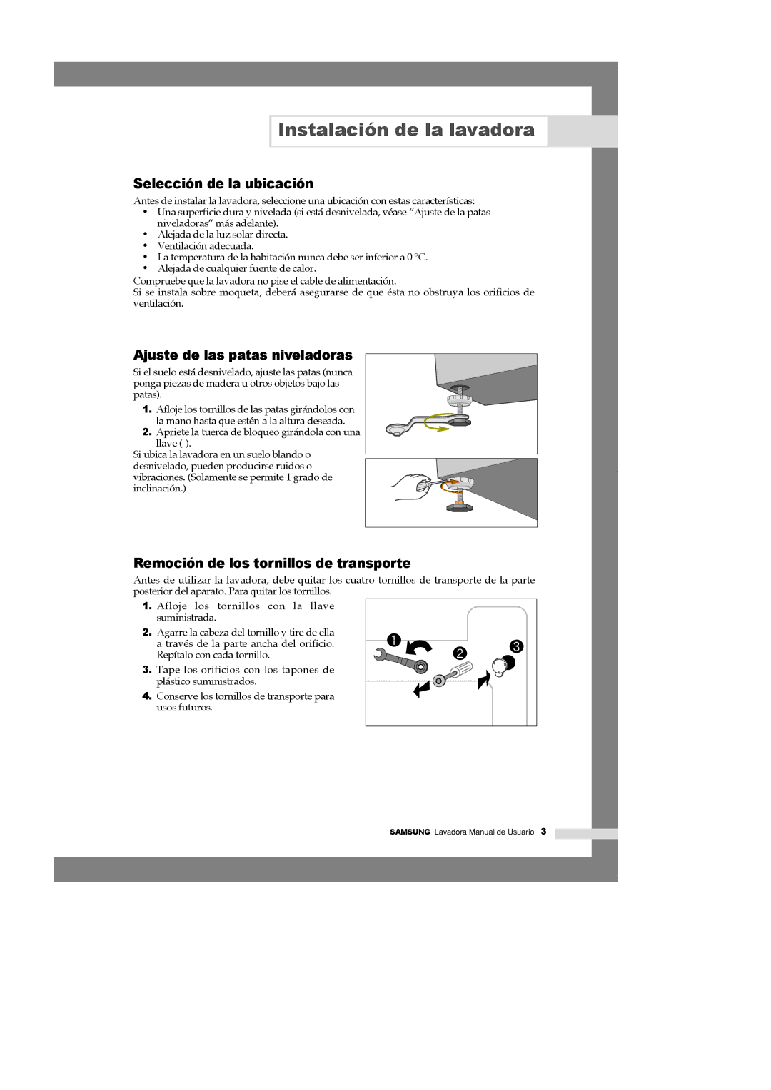 Samsung WM1245ADS/XAX Selección de la ubicación, Ajuste de las patas niveladoras, Remoción de los tornillos de transporte 