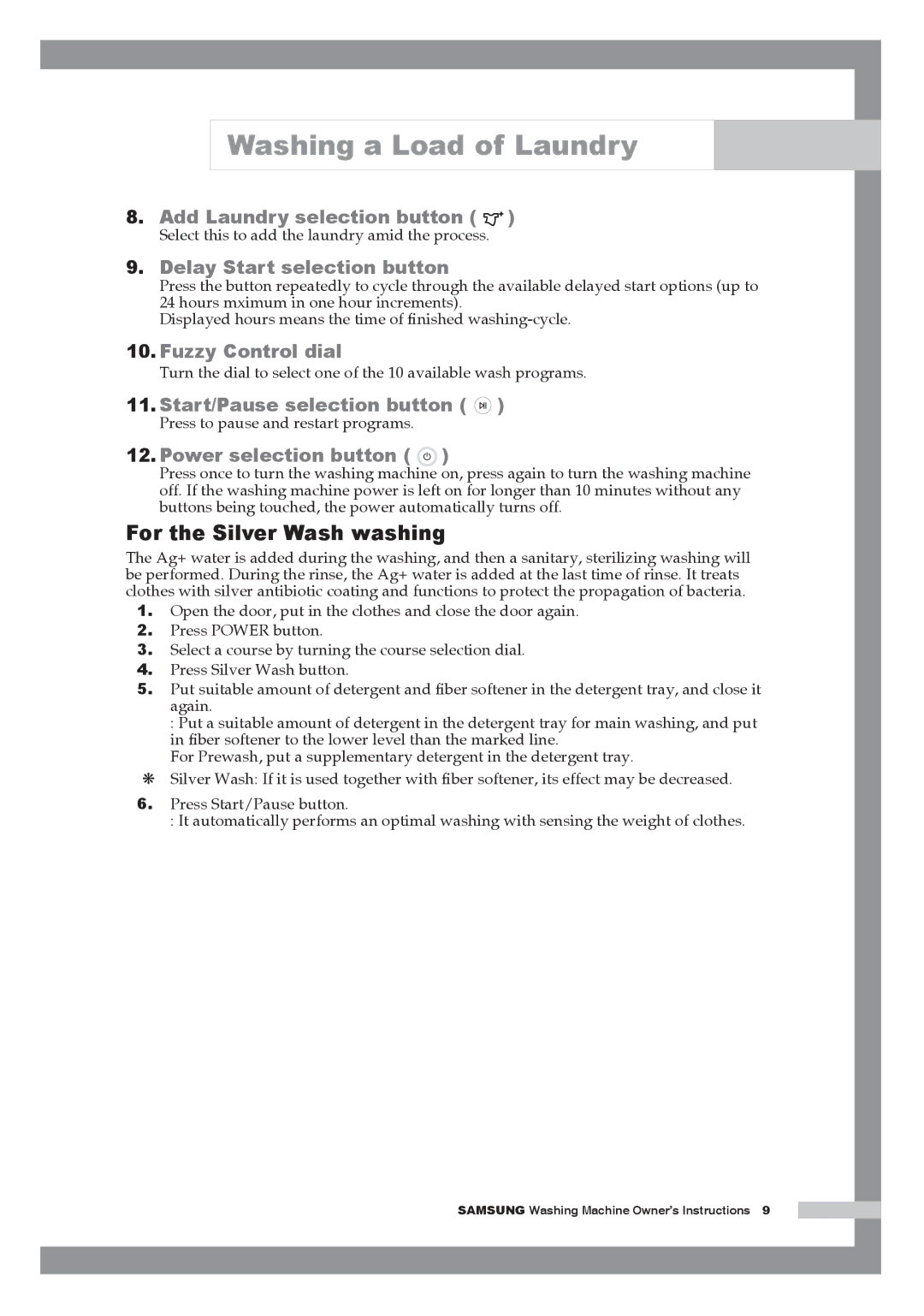 Samsung WM1255AGS/YLE manual For the Silver Wash washing, Delay Start selection button 