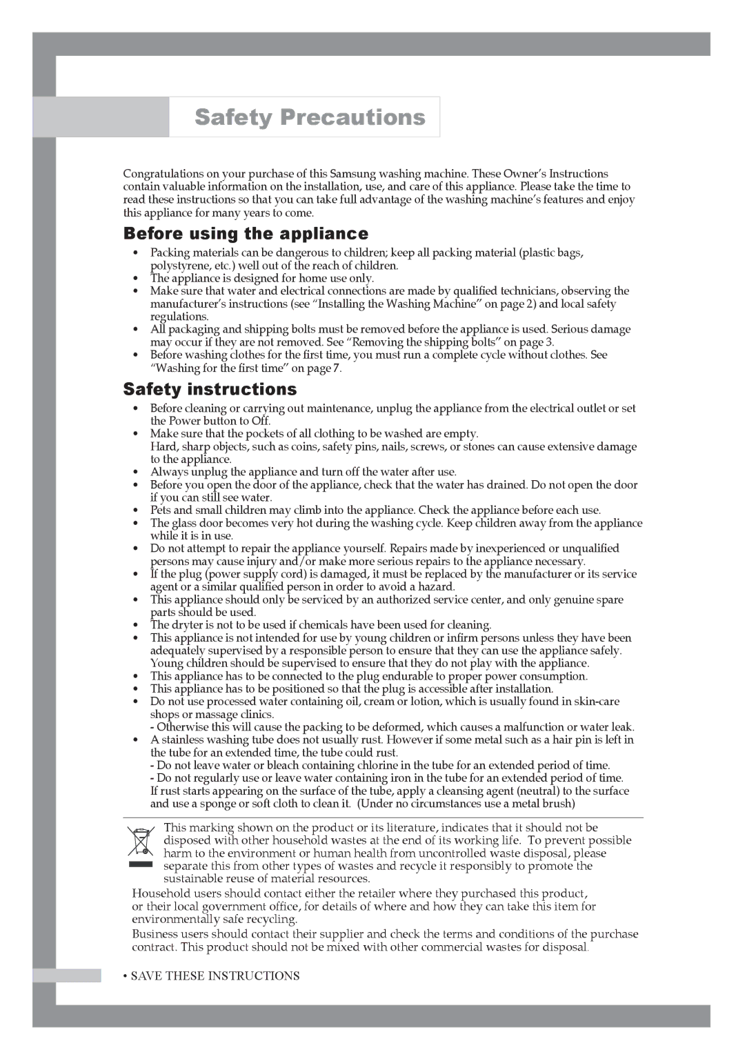 Samsung WM1255AGS/YLE manual Safety Precautions, Before using the appliance, Safety instructions 