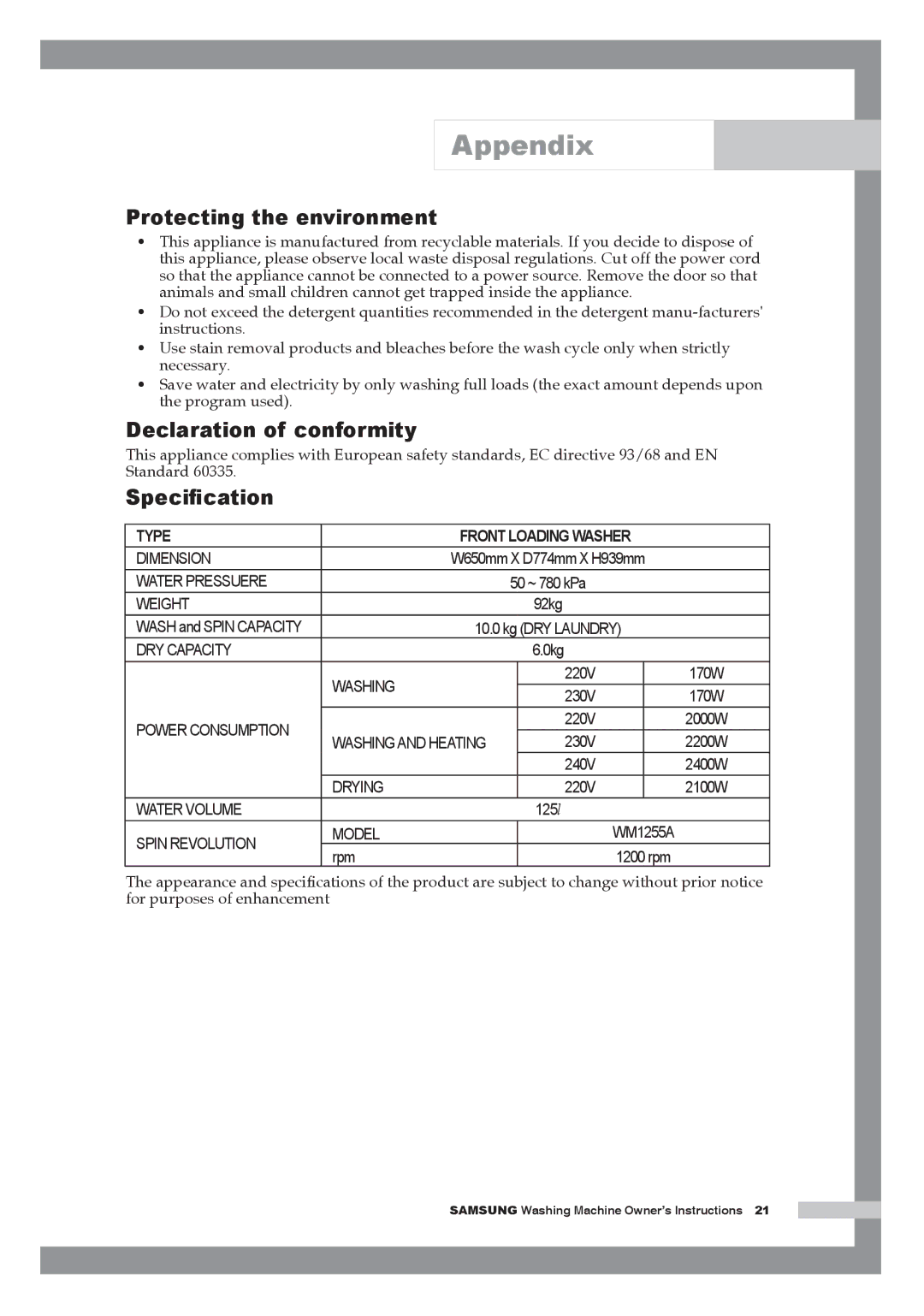 Samsung WM1255AGS/YLE manual Protecting the environment, Declaration of conformity, Speciﬁcation 