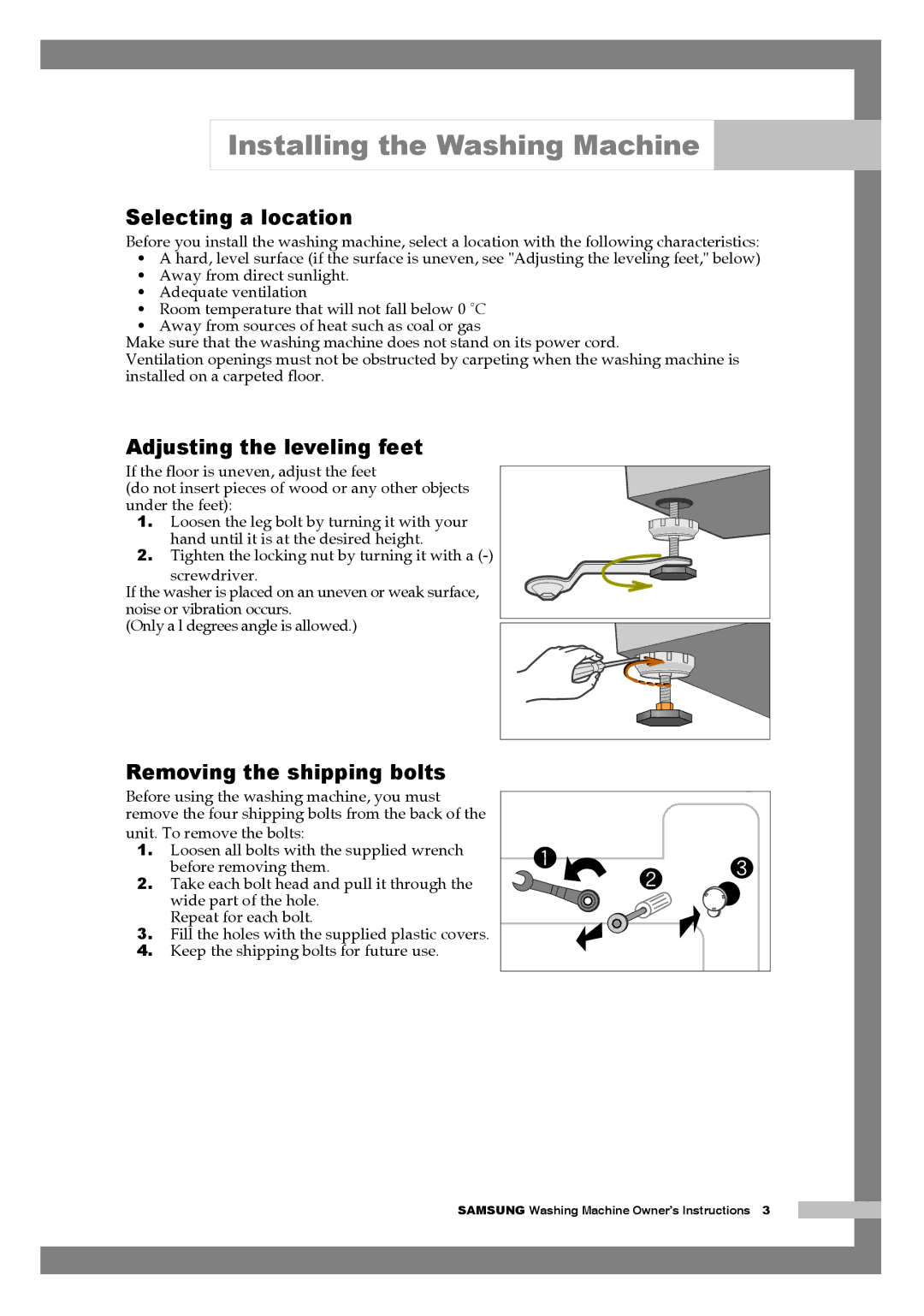 Samsung WM1255AGS/YLE manual Selecting a location, Adjusting the leveling feet, Removing the shipping bolts 