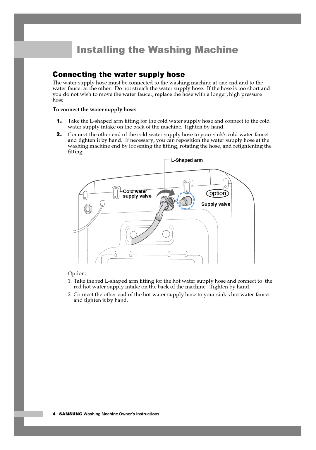 Samsung WM1255AGS/YLE manual Connecting the water supply hose, To connect the water supply hose 