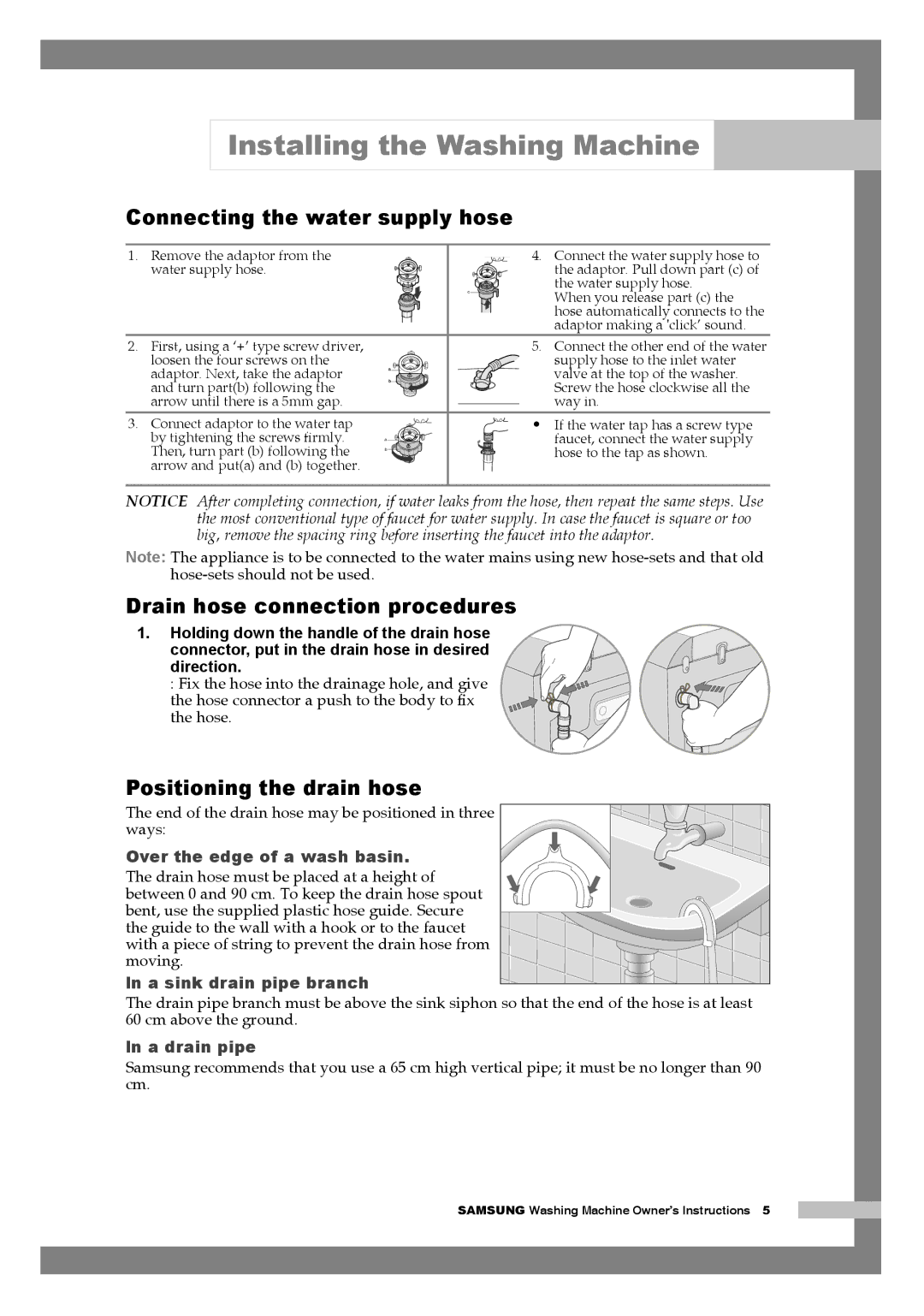 Samsung WM1255AGS/YLE manual Drain hose connection procedures, Positioning the drain hose 