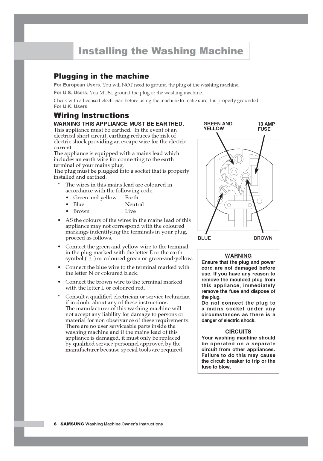 Samsung WM1255AGS/YLE manual Plugging in the machine, Wiring lnstructions 