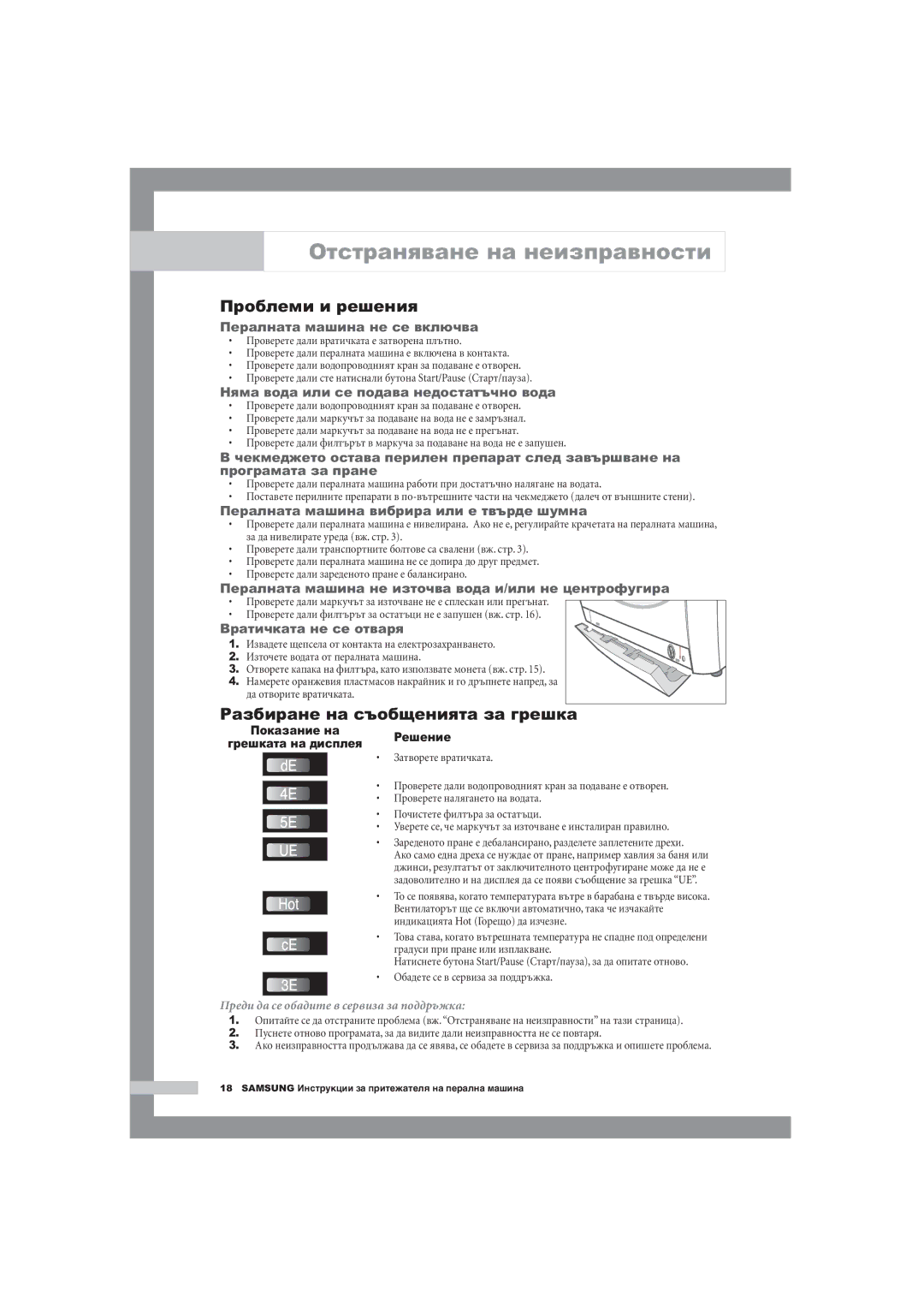 Samsung WM1255AGS/YLE manual Отстраняване на неизправности, Проблеми и решения, Разбиране на съобщенията за грешка 