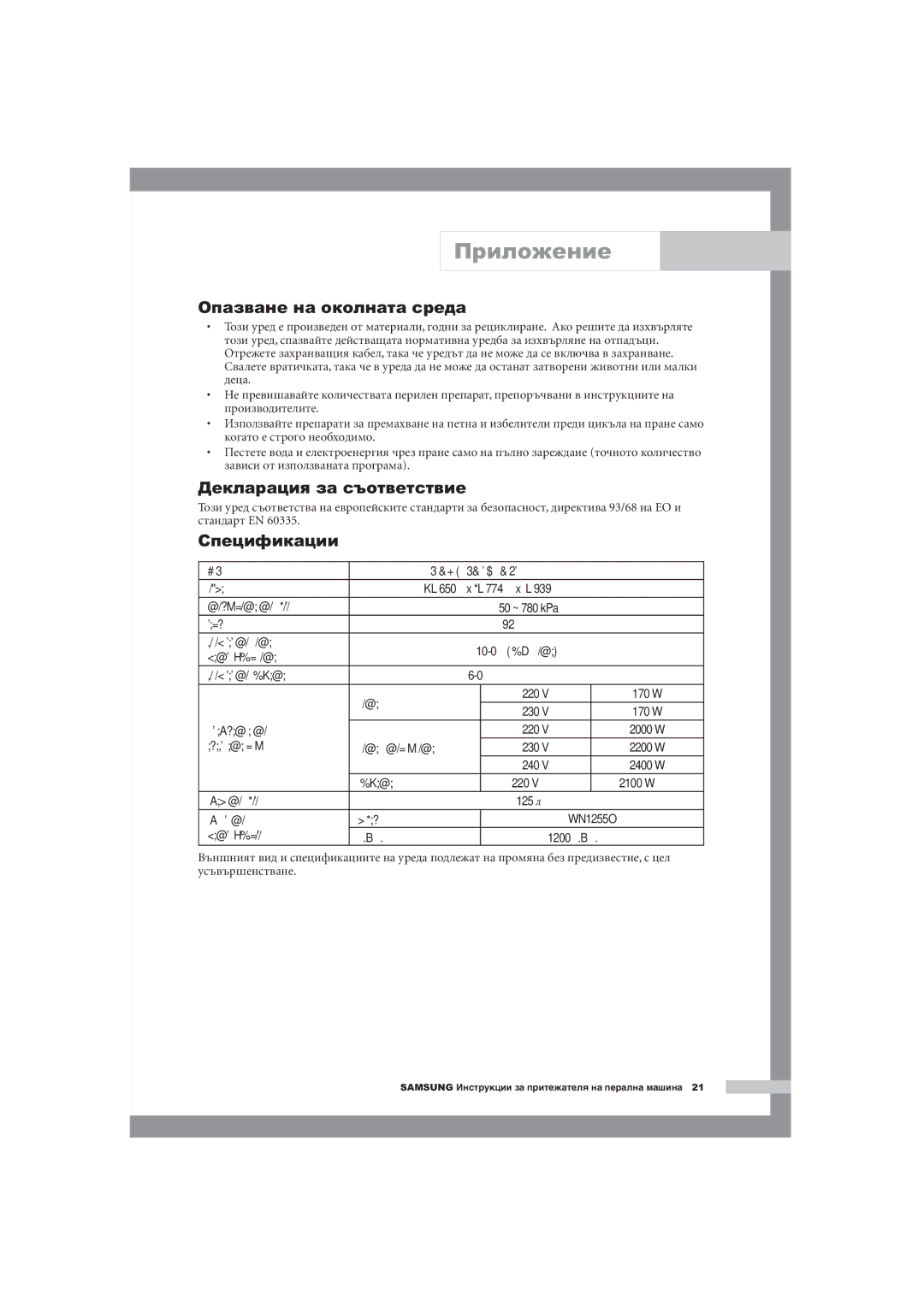 Samsung WM1255AGS/YLE Опазване на околната среда, Декларация за съответствие, Спецификации, ТИП Пералня С Предно Зареждане 