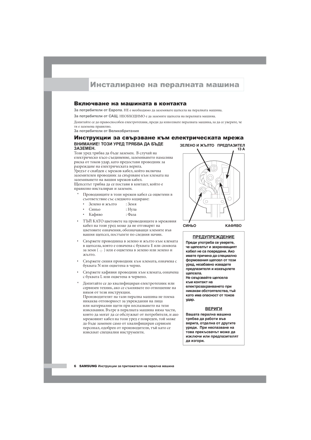 Samsung WM1255AGS/YLE Включване на машината в контакта, Инструкции за свързване към електрическата мрежа, Предупреждение 