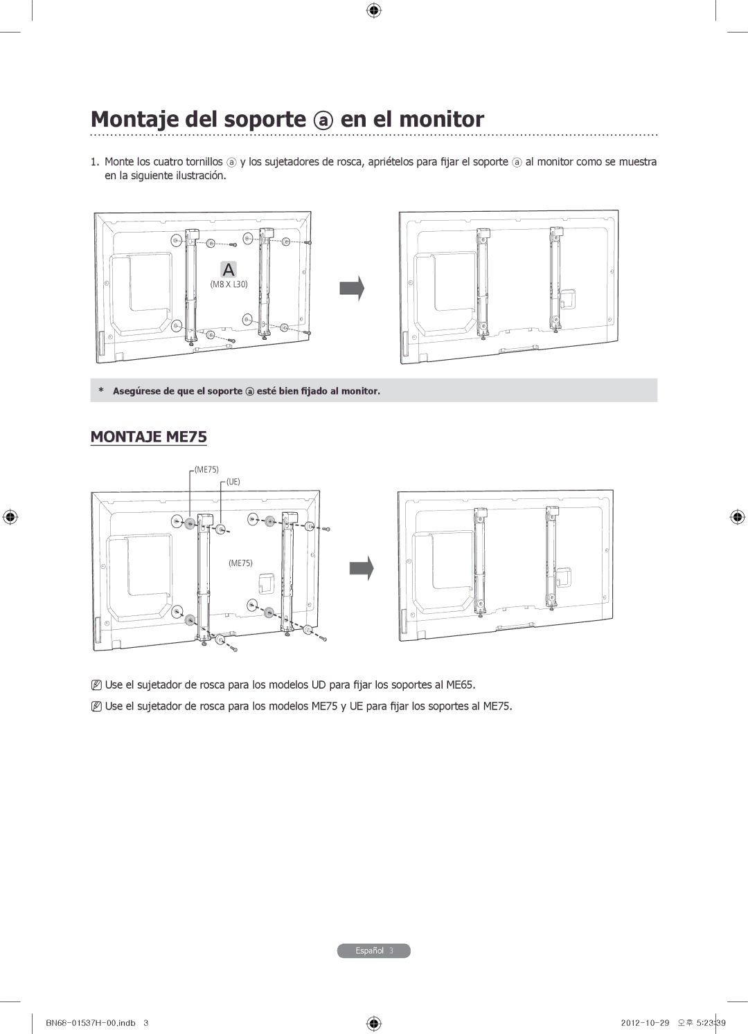 Samsung WMN4675MD setup guide Montaje del soporte en el monitor, Montaje ME75 