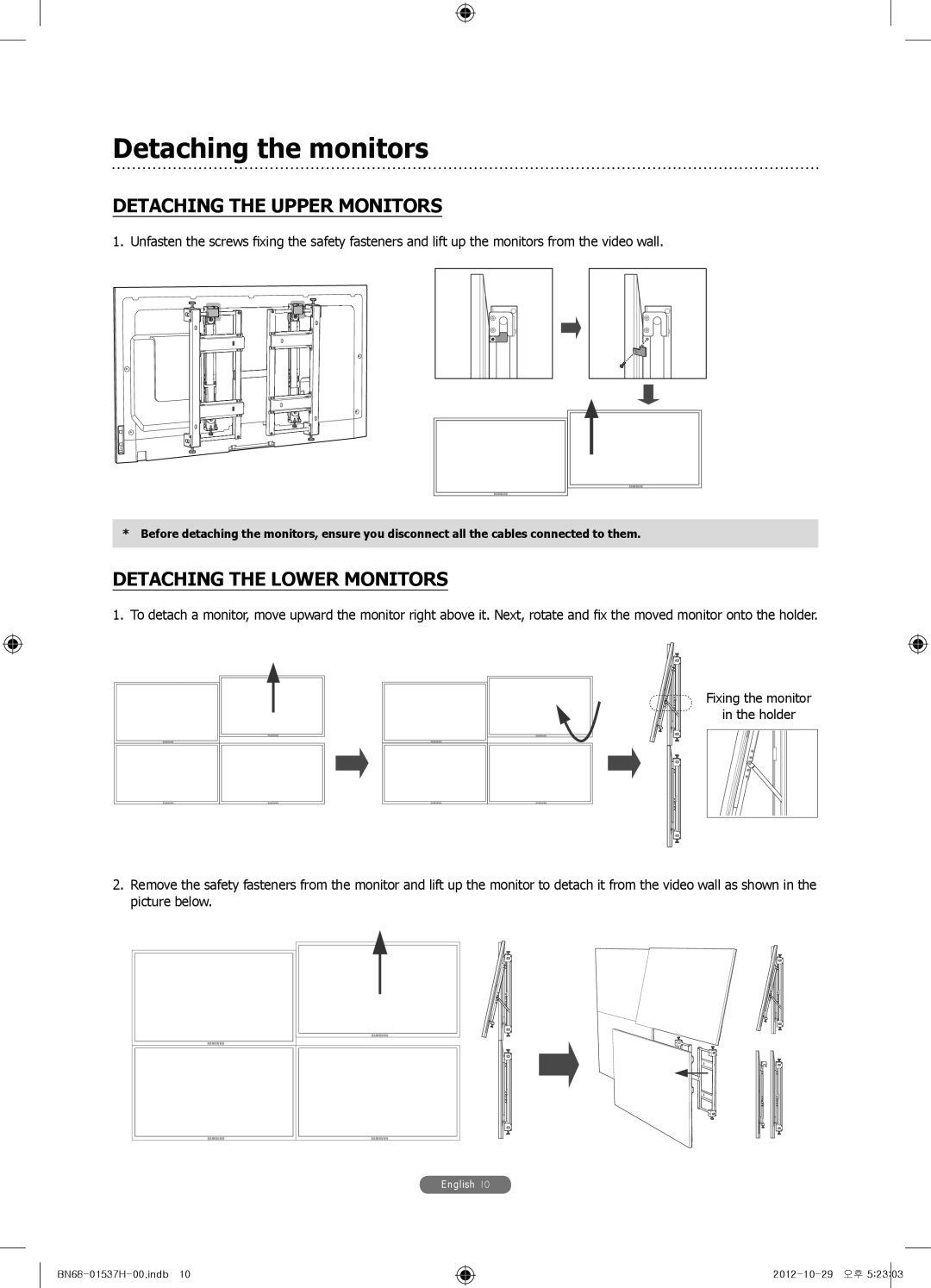 Samsung WMN4675MD setup guide Detaching the monitors, Detaching the Upper Monitors, Detaching the Lower Monitors 