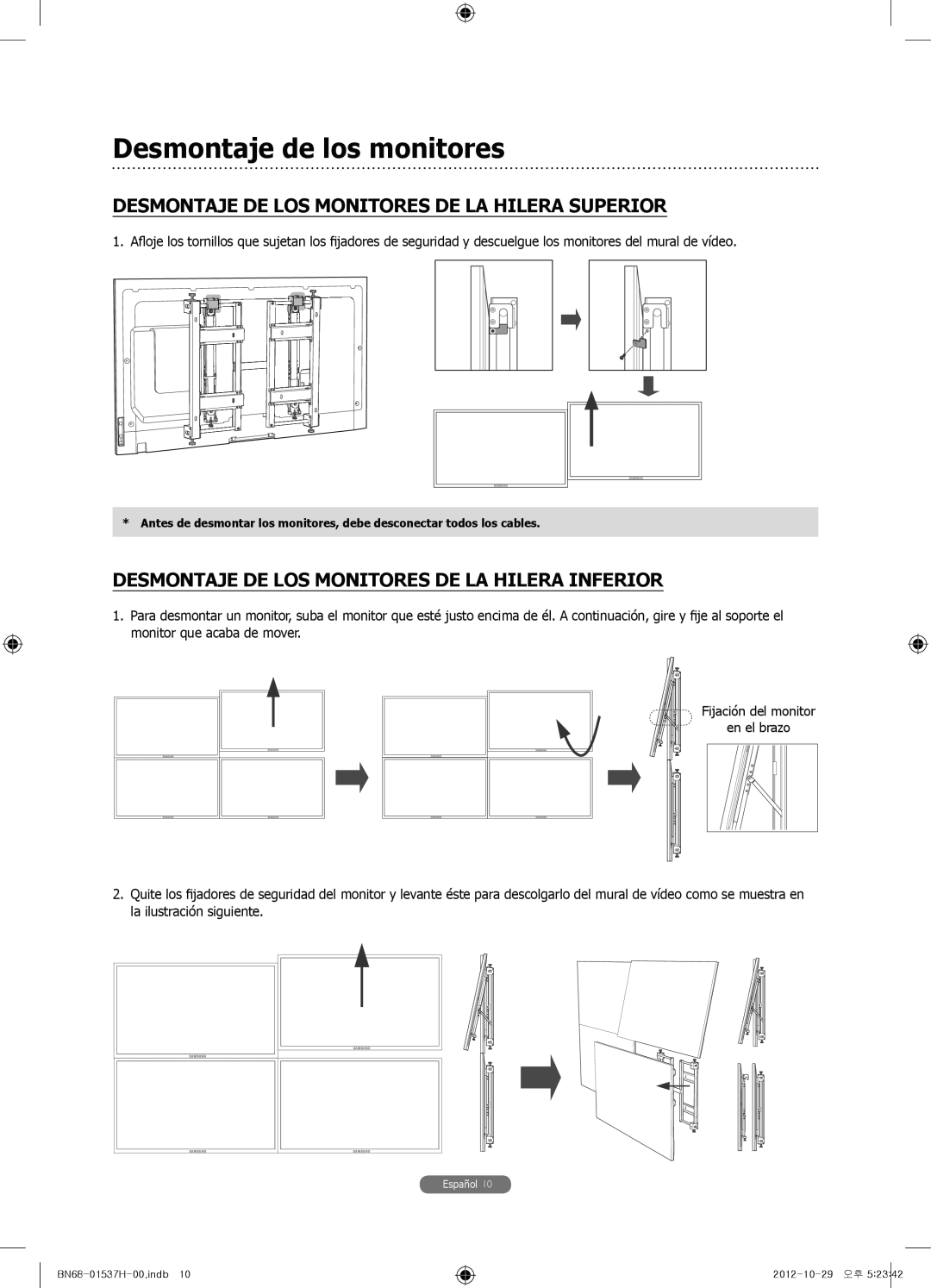 Samsung WMN4675MD setup guide Desmontaje de los monitores, Desmontaje DE LOS Monitores DE LA Hilera Superior 