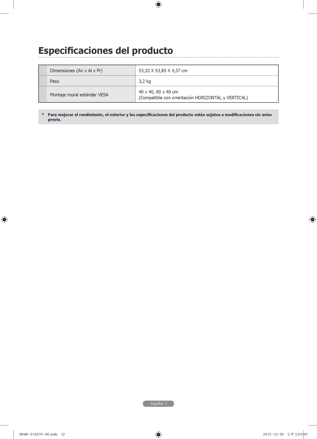 Samsung WMN4675MD setup guide Especificaciones del producto 