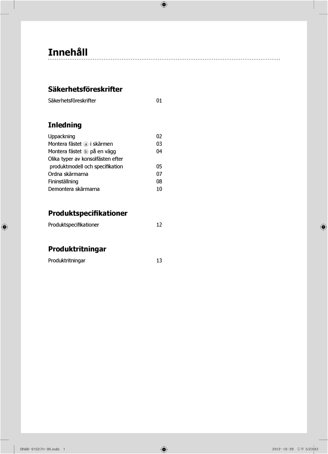 Samsung WMN4675MD setup guide Innehåll, Inledning 