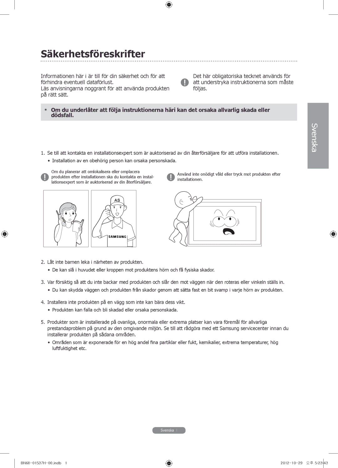 Samsung WMN4675MD setup guide Säkerhetsföreskrifter 