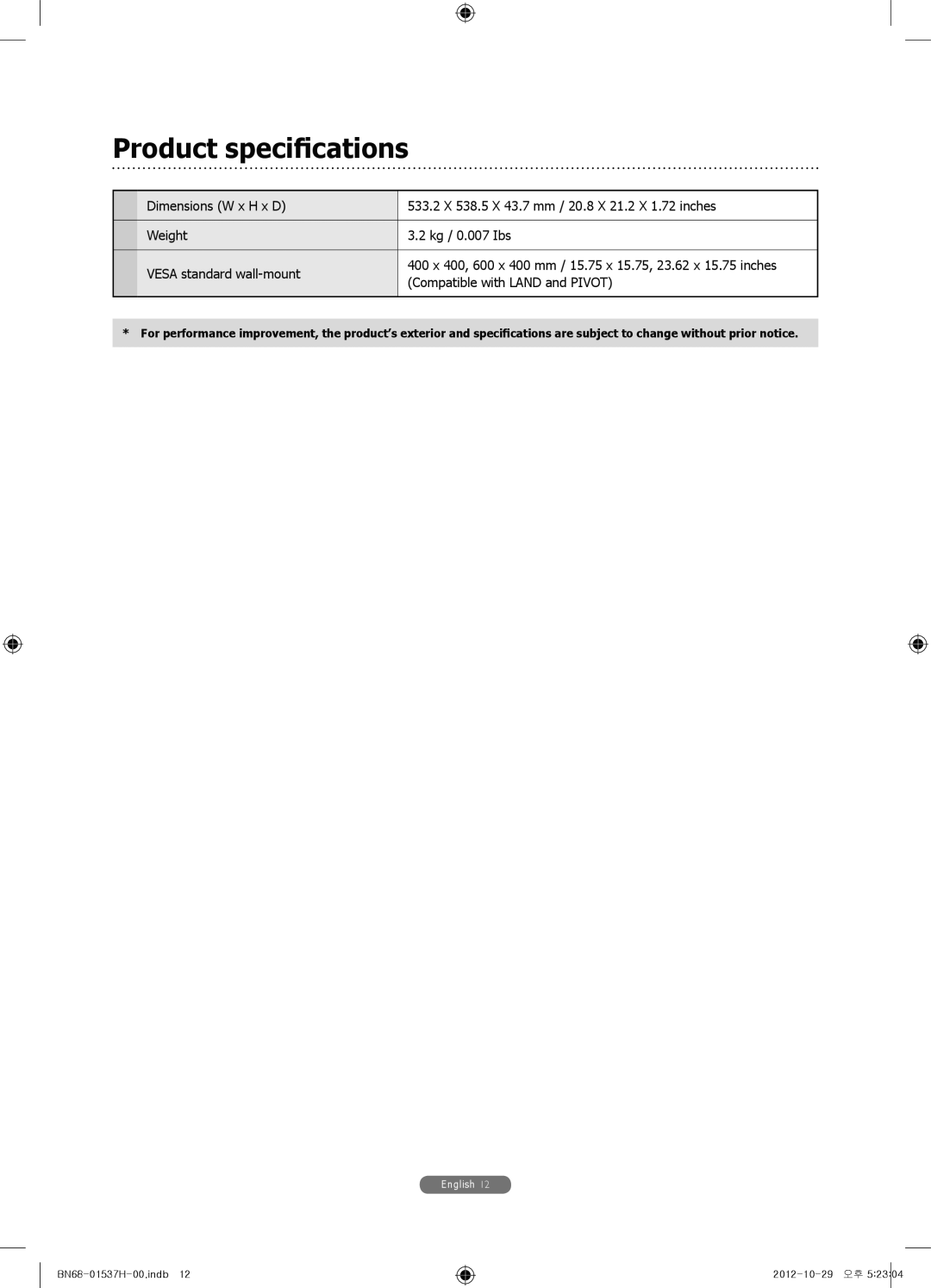 Samsung WMN4675MD setup guide Product specifications 