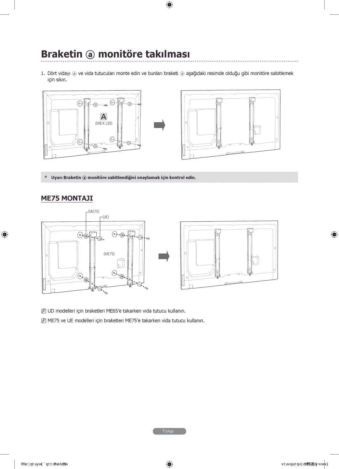 Samsung WMN4675MD setup guide Braketin monitöre takılması, ME75 Montaji 