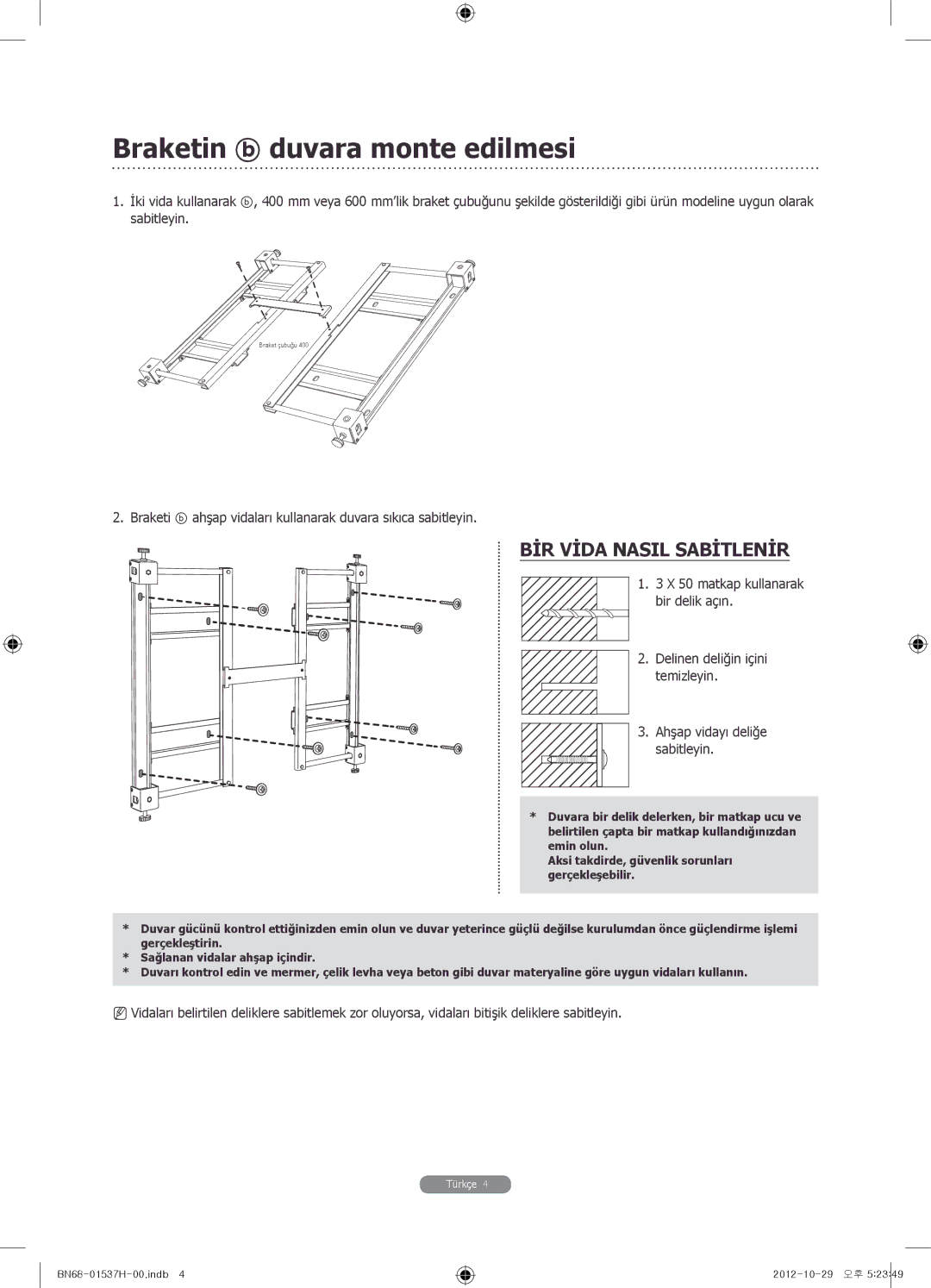 Samsung WMN4675MD setup guide Braketin duvara monte edilmesi, BIR Vida Nasil Sabitlenir 