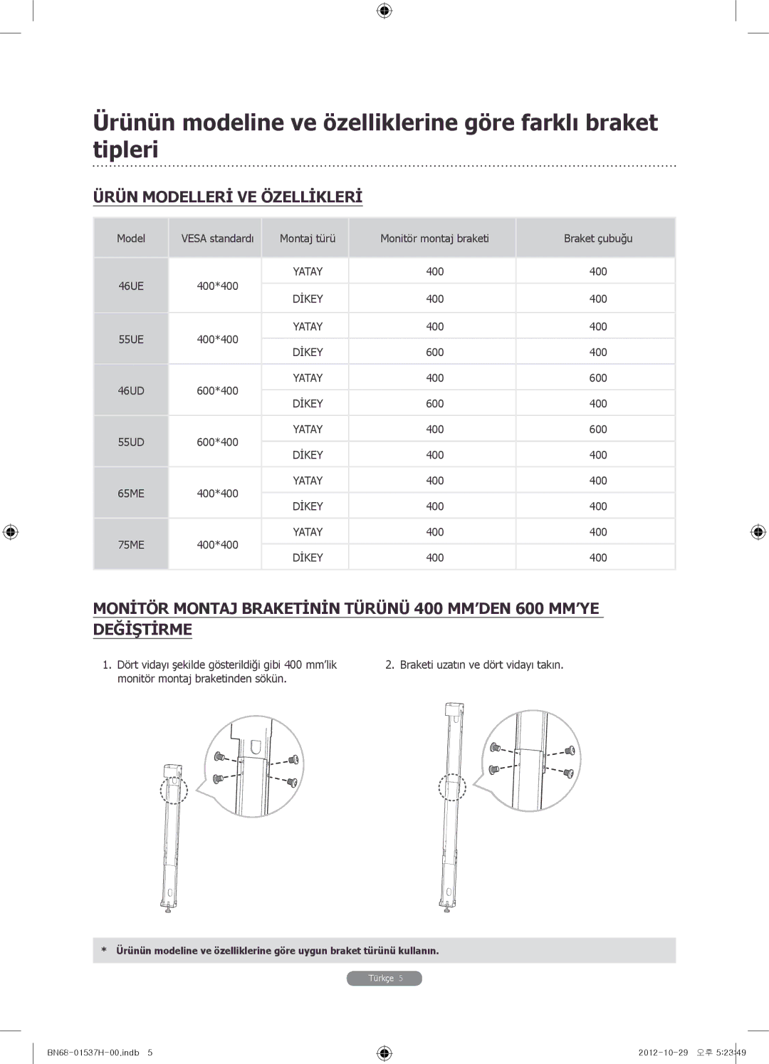 Samsung WMN4675MD setup guide Ürünün modeline ve özelliklerine göre farklı braket tipleri, Ürün Modellerİ VE Özellİklerİ 