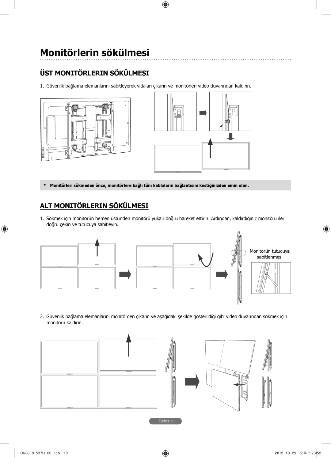 Samsung WMN4675MD setup guide Monitörlerin sökülmesi, ÜST Monitörlerin Sökülmesi, ALT Monitörlerin Sökülmesi 