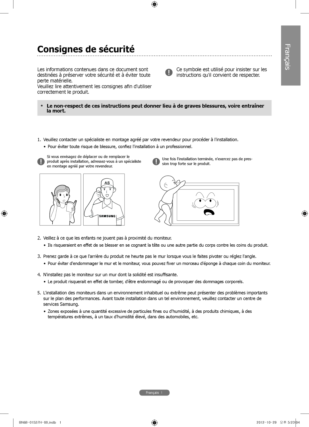 Samsung WMN4675MD setup guide Consignes de sécurité 