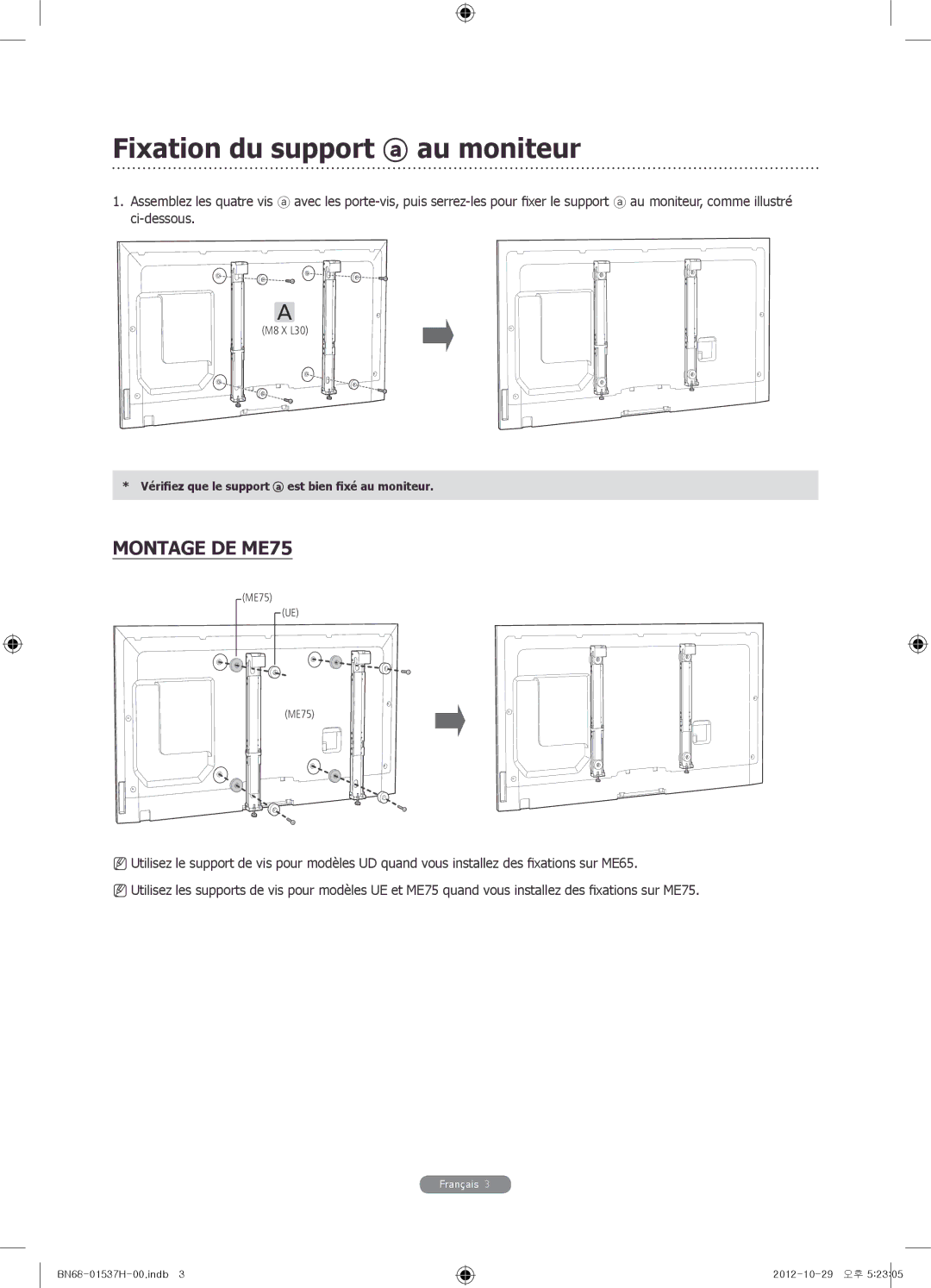 Samsung WMN4675MD setup guide Fixation du support au moniteur, Montage DE ME75 