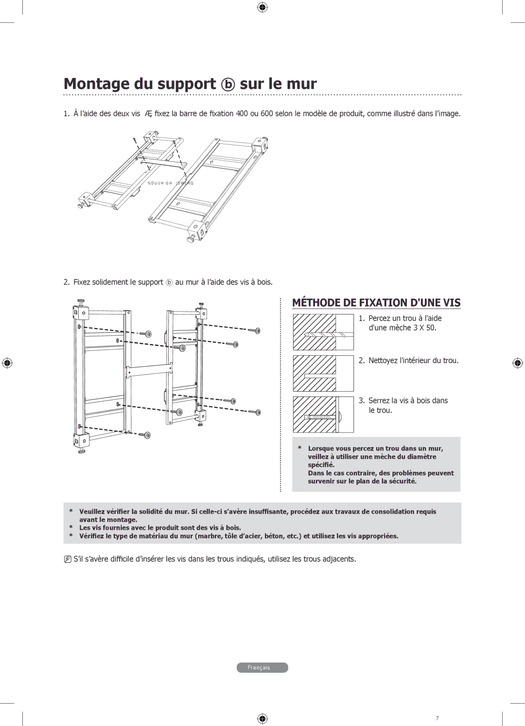 Samsung WMN4675MD setup guide Montage du support sur le mur, Méthode DE Fixation Dune VIS 