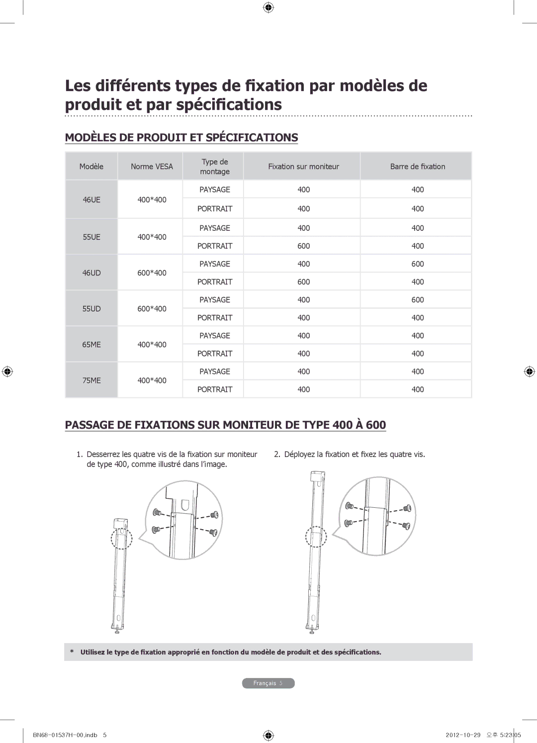 Samsung WMN4675MD setup guide Modèles DE Produit ET Spécifications, Passage DE Fixations SUR Moniteur DE Type 400 À 